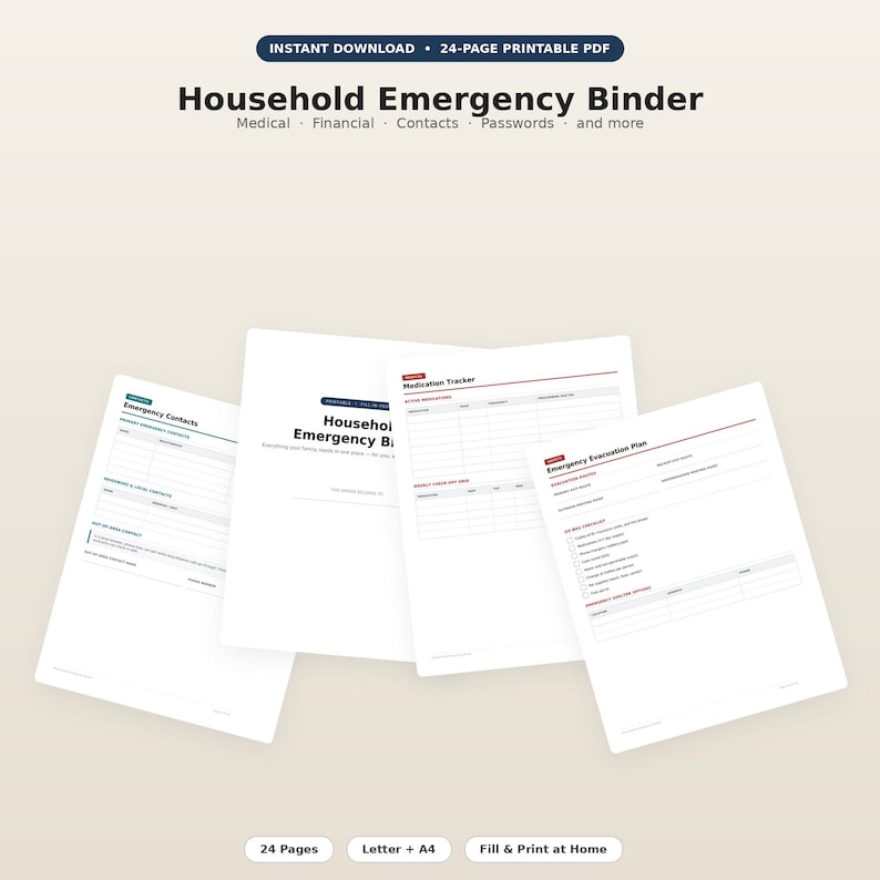 Op de afbeelding: Een 24-pagina tellende, printbare PDF-map voor huishoudelijke noodgevallen met witte vellen en zwarte tekst. Zichtbare pagina's bevatten een formulier voor noodcontacten, een medicatietracker en een evacuatieplan met selectievakjes en tabellen.