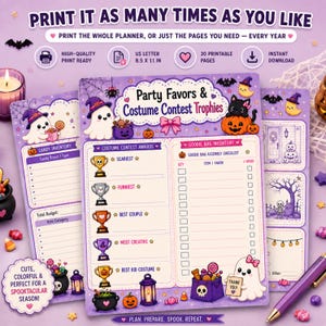 May include: A printable Halloween party planner set featuring purple and orange graphics of ghosts, pumpkins, and bats. The pages include sections for party favors, costume contest trophies, candy inventory, and goodie bag checklists in US Letter 8.5 x 11 in size.