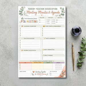 printable pta meeting minutes and agenda template, school parent teacher association meeting planner, editable classroom goals and achievements tracker, organized meeting agenda for school pta, pta board meeting minutes printable template, school volunteer committee meeting organizer, 5x7.5 pta meeting minutes and agenda sheet, parent teacher association meeting notes organizer, easy to use meeting agenda for school pta, professional school meeting form,  digital download pta planner 5x7.5
