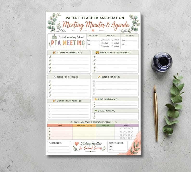 printable pta meeting minutes and agenda template, school parent teacher association meeting planner, editable classroom goals and achievements tracker, organized meeting agenda for school pta, pta board meeting minutes printable template, school volunteer committee meeting organizer, 5x7.5 pta meeting minutes and agenda sheet, parent teacher association meeting notes organizer, easy to use meeting agenda for school pta, professional school meeting form,  digital download pta planner 5x7.5