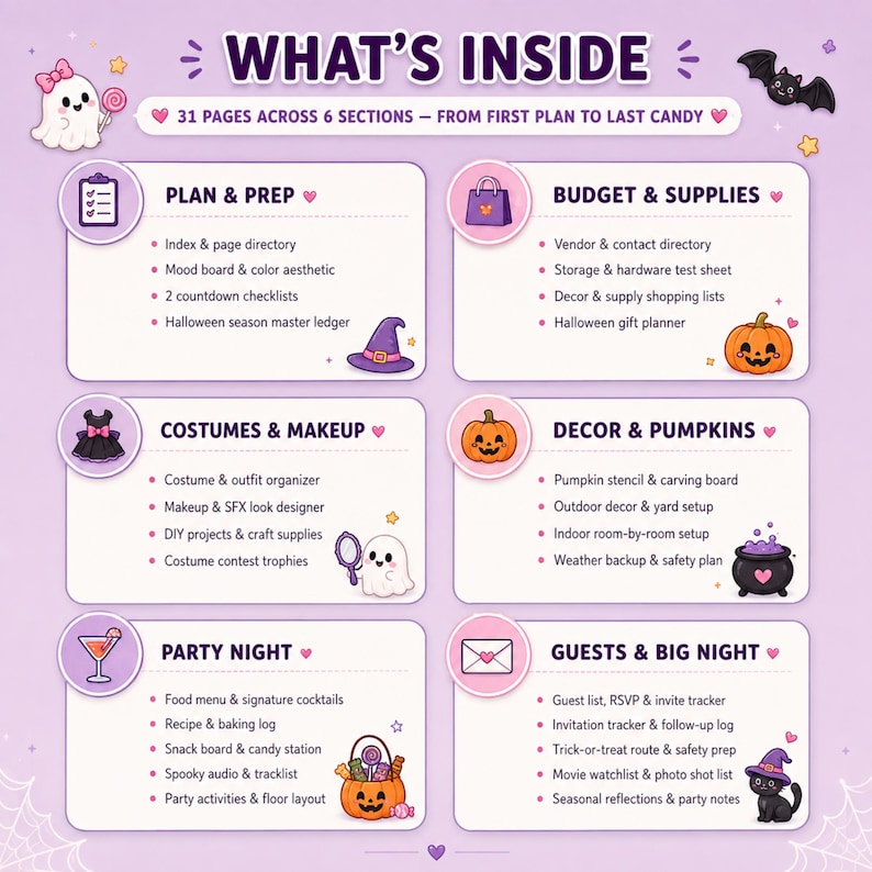 May include: A light purple informational graphic titled WHAT'S INSIDE with 31 pages across 6 sections. It lists categories including Plan & Prep, Budget & Supplies, Costumes & Makeup, Decor & Pumpkins, Party Night, and Guests & Big Night with icons.