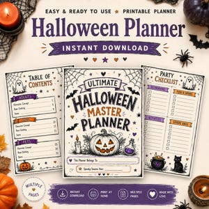 May include: A printable Halloween planner set featuring a cover page titled Ultimate Halloween Master Planner with a jack-o'-lantern illustration, a Table of Contents page, and a Party Checklist page, all decorated with spiderwebs, bats, and ghosts.
