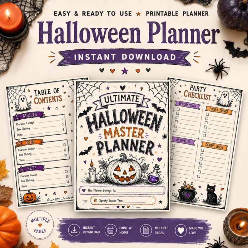 May include: A printable Halloween planner set featuring a cover page titled Ultimate Halloween Master Planner with a jack-o'-lantern illustration, a Table of Contents page, and a Party Checklist page, all decorated with spiderwebs, bats, and ghosts.