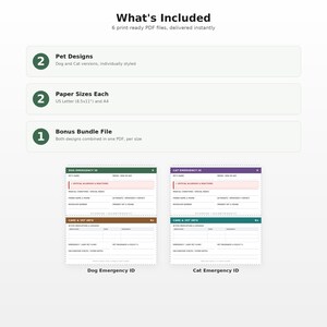 以下が含まれることがあります： ペット用緊急連絡先カードの印刷用PDFファイル6点セット。犬用と猫用のデザインが含まれ、医療情報、アレルギー、獣医師の連絡先を記入する欄があります。A4およびUSレターサイズの用紙に対応したデジタルダウンロード商品です。