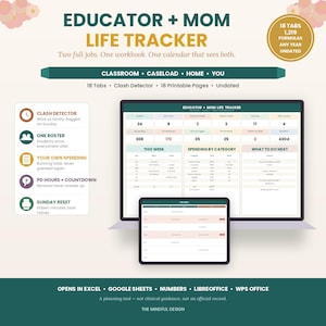 Könnte beinhalten: Ein digitales Planungstool Educator + Mom Life Tracker, das auf einem Laptop- und Tablet-Bildschirm angezeigt wird. Die Benutzeroberfläche bietet ein Dashboard mit Registerkarten für Unterricht, Arbeitslast, Zuhause und persönliche Aufgaben.