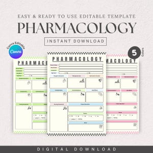 May include: A digital pharmacology study template featuring three vertical sheets with fields for generic name, brand name, drug name, high alert status, dosage, therapeutic uses, mechanism of action, considerations, contraindications, side effects, and notes.