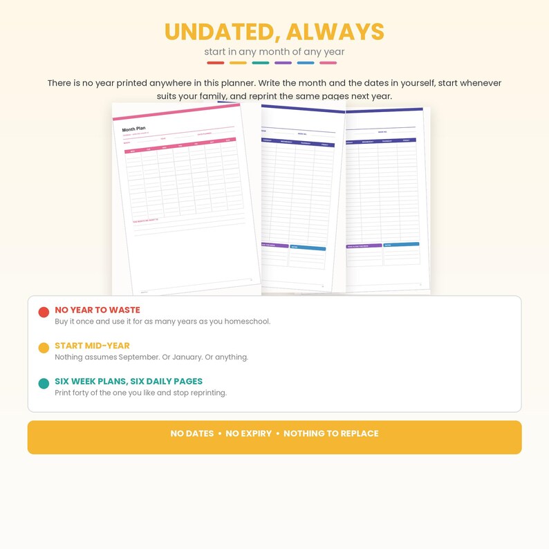 May include: An undated planner with white pages featuring grid layouts for monthly and daily planning. The text reads UNDATED, ALWAYS, NO YEAR TO WASTE, START MID-YEAR, SIX WEEK PLANS, SIX DAILY PAGES, and NO DATES, NO EXPIRY, NOTHING TO REPLACE.