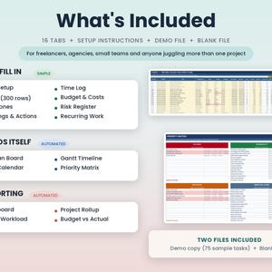 May include: A digital project management spreadsheet template featuring 16 tabs, setup instructions, a demo file, and a blank file. The interface includes sections for tasks, time logs, budgets, risk registers, Kanban boards, Gantt timelines, and reporting dashboards.