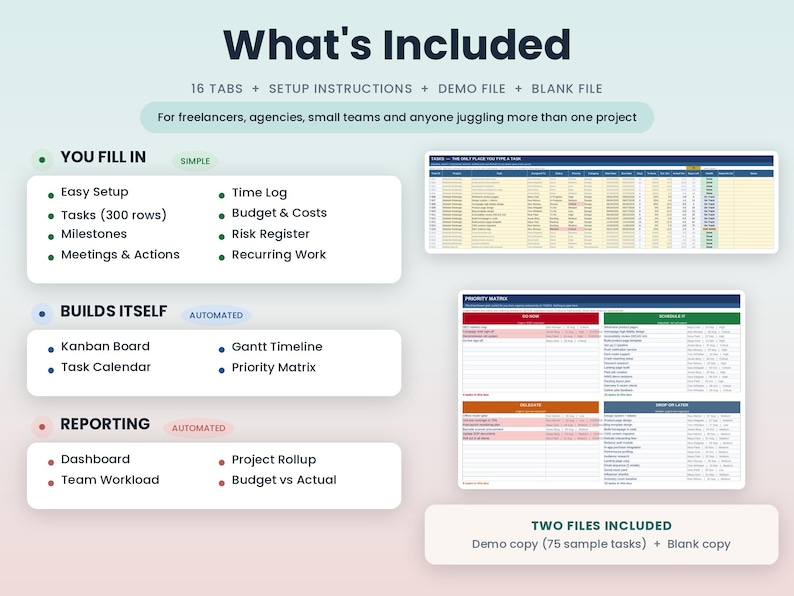 May include: A digital project management spreadsheet template featuring 16 tabs, setup instructions, a demo file, and a blank file. The interface includes sections for tasks, time logs, budgets, risk registers, Kanban boards, Gantt timelines, and reporting dashboards.