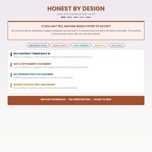 May include: A digital workbook titled Honest By Design with text outlining software compatibility for Microsoft Excel, Google Sheets, Apple Numbers, LibreOffice, and WPS Office. It lists features including no contract terms, no settlement statement, and no tax.