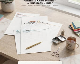 May include: A 21-page printable PDF craft planner and business binder featuring sheets for project logs, income and expense tracking, and craft fair planning. The white paper documents include black text and are displayed with a gold pen and scissors.