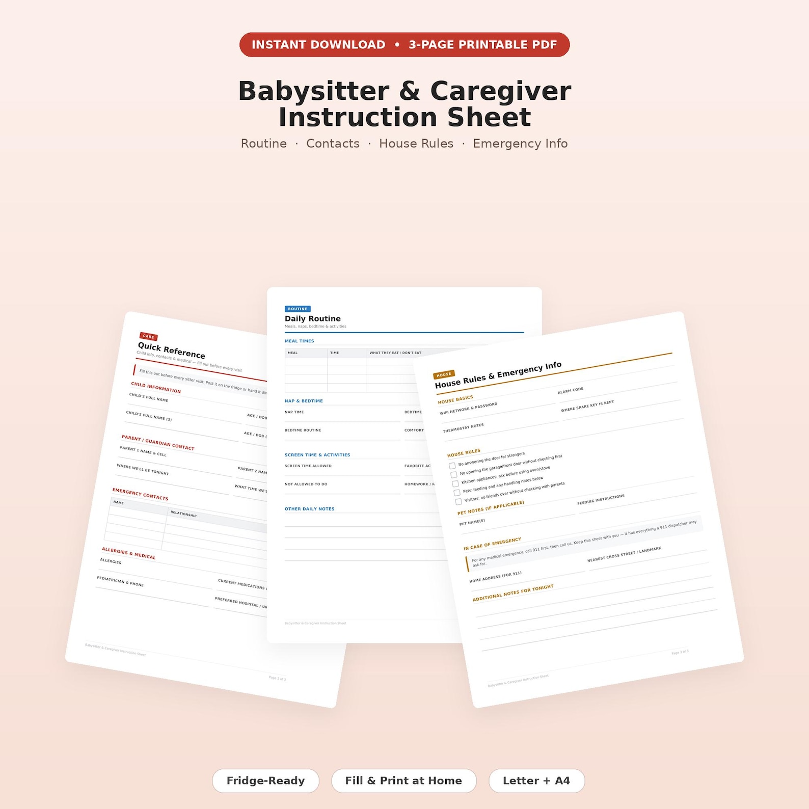 Printable Babysitter Instruction Sheet