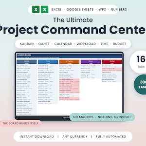 May include: A digital project management dashboard titled The Ultimate Project Command Center, featuring a Kanban board with columns for Backlog, To Do, In Progress, Review, and Blocked. It includes 16 tabs, 300 tasks, and notes no macros or installation.