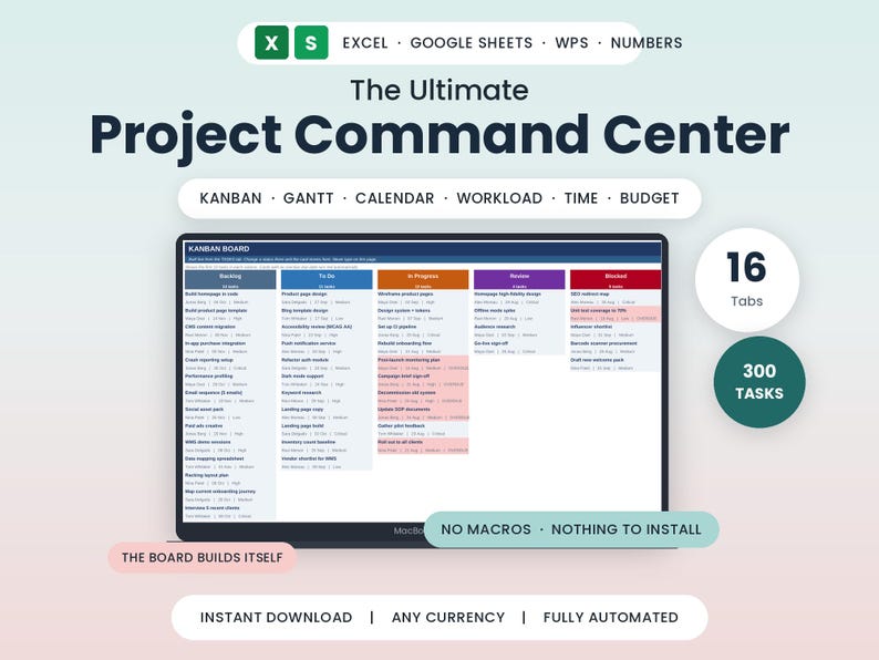 May include: A digital project management dashboard titled The Ultimate Project Command Center, featuring a Kanban board with columns for Backlog, To Do, In Progress, Review, and Blocked. It includes 16 tabs, 300 tasks, and notes no macros or installation.