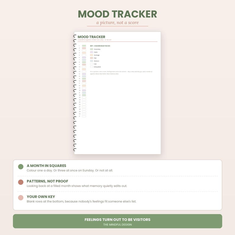 May include: A spiral-bound mood tracker page featuring a colour-coded key for daily emotions. The layout includes numbered rows for a month, a section for custom keys, and text headers reading MOOD TRACKER, A MONTH IN SQUARES, PATTERNS, NOT PROOF, and YOUR OWN KEY.