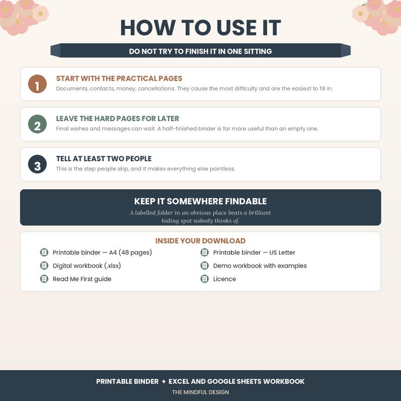 May include: An instructional graphic titled HOW TO USE IT with three numbered steps for a printable binder. It includes advice on filling out pages, informing others, and storage. The download contents list A4 and US Letter binders and Excel files.