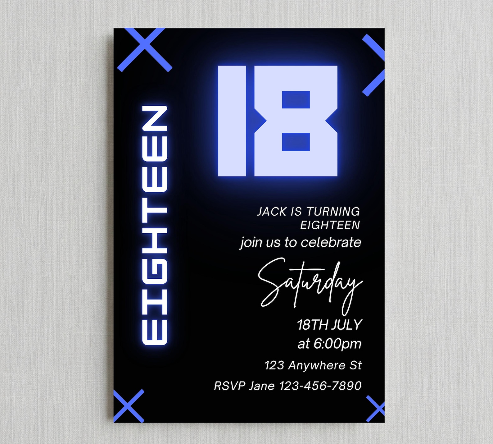 18th Birthday Invitation Template, Neon Blue Gamer