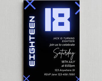 18th Birthday Invitation Template, Neon Blue Gamer Party Invites Digital Download, Modern Black Glow Male Eighteenth Birthday Card 5x7