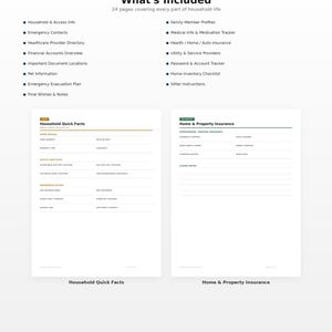 Op de afbeelding: Een huishoudplanner van 24 pagina's met secties voor noodcontacten, medische informatie, financi&euml;le rekeningen en inventaris. Twee voorbeeldpagina's worden getoond: Household Quick Facts en Home & Property Insurance met lege velden.