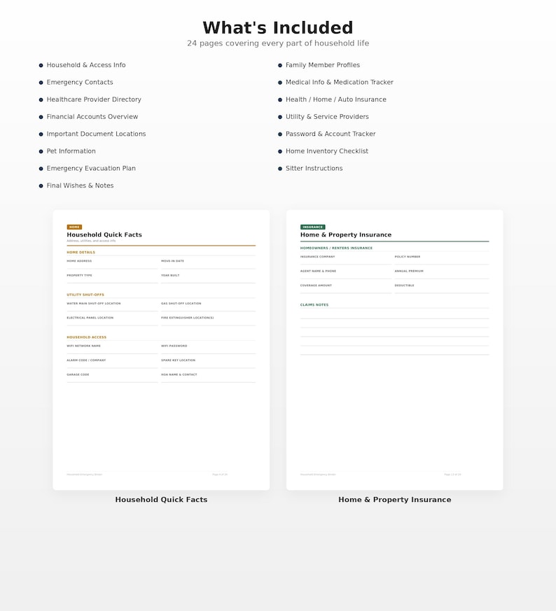 Op de afbeelding: Een huishoudplanner van 24 pagina's met secties voor noodcontacten, medische informatie, financi&euml;le rekeningen en inventaris. Twee voorbeeldpagina's worden getoond: Household Quick Facts en Home & Property Insurance met lege velden.