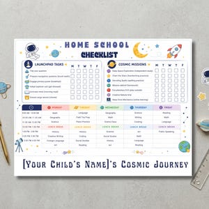 Checklist en schema voor thuisonderwijs, dagelijkse routine voor kinderen met ruimtethema, bewerkbare weekplanner voor leerlingen, printbare digitale download