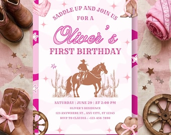 May include: A rectangular birthday invitation card featuring a pink and white cow print background with a central illustration of a cowboy on a horse near cacti. The text reads: SADDLE UP AND JOIN US FOR A Oliver's FIRST BIRTHDAY.