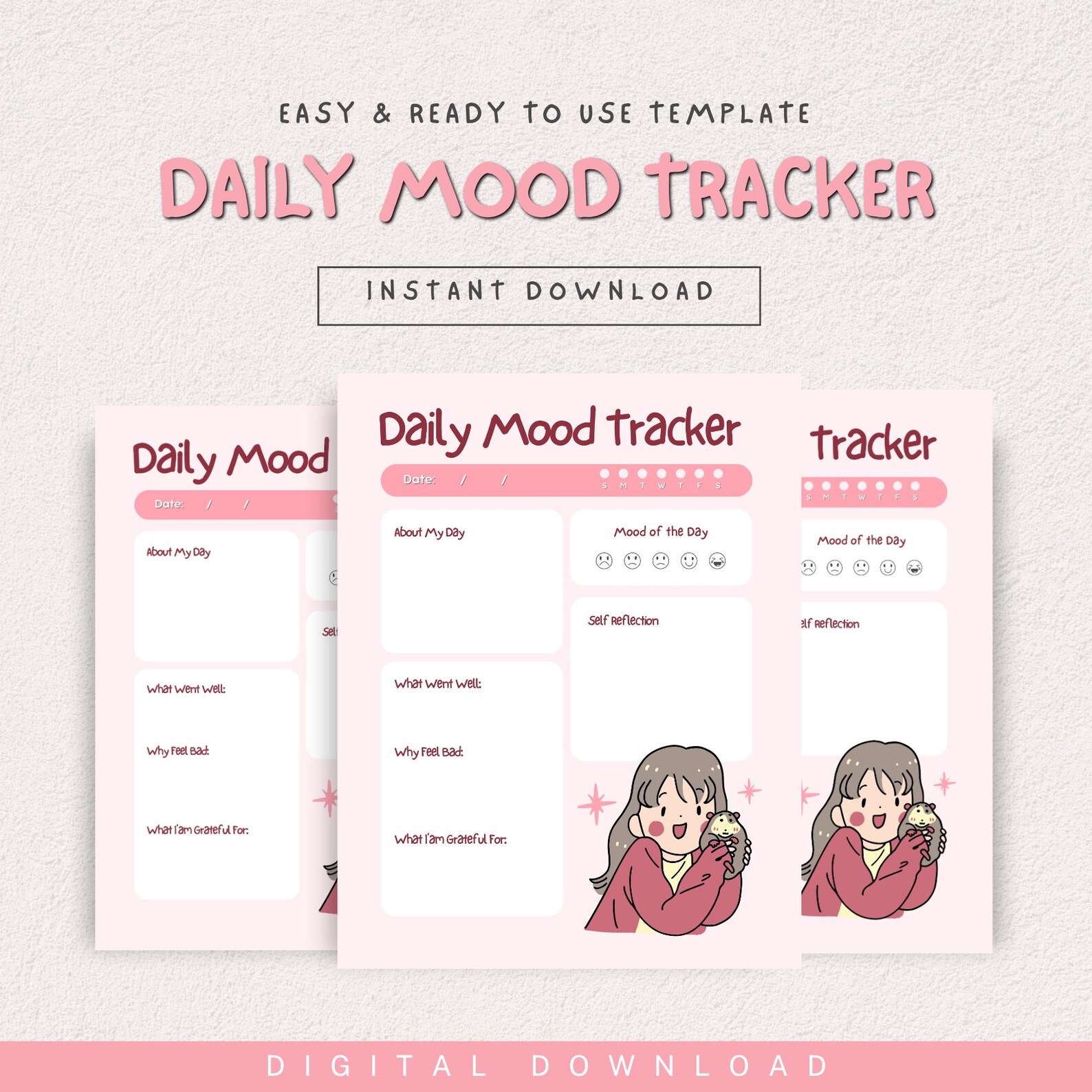 Daily Mood Tracker Printable, Pink Aesthetic