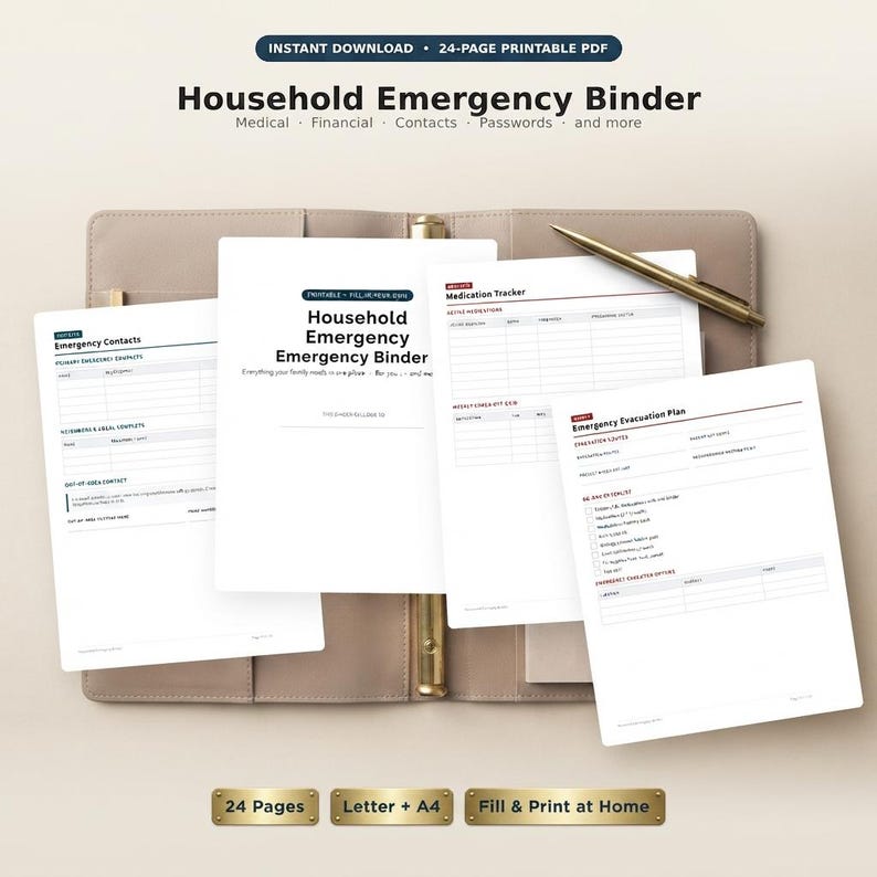 Op de afbeelding: Een 24-pagina tellende printbare PDF-set voor een huishoudelijke noodmap met formulieren voor medische gegevens, financi&euml;n, contacten en wachtwoorden. De set bevat pagina's voor noodcontacten, medicatiebeheer en een evacuatieplan.