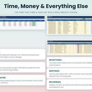May include: A digital project management dashboard featuring a title Time, Money & Everything Else. It displays three spreadsheet tables labelled Budget, Time Log, and Risk Register, alongside descriptive text boxes for each project management tab.
