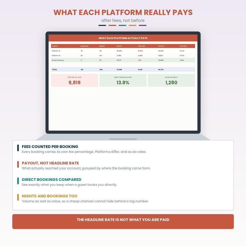 May include: A digital infographic displayed on a laptop screen titled WHAT EACH PLATFORM REALLY PAYS. It features a data table comparing booking sources, nights, and payouts, alongside four explanatory points about fees, payouts, and direct bookings.