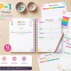 May include: A GLP-1 Journey Tracker spiral-bound planner with 13 pages, featuring sections for weekly check-ins, injection logs, side effect tracking, and non-scale victories. The planner includes colorful headers, a rose gold pen, and digital download info.