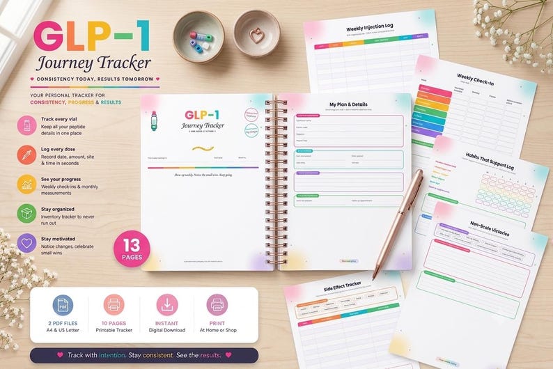 May include: A GLP-1 Journey Tracker spiral-bound planner with 13 pages, featuring sections for weekly check-ins, injection logs, side effect tracking, and non-scale victories. The planner includes colorful headers, a rose gold pen, and digital download info.