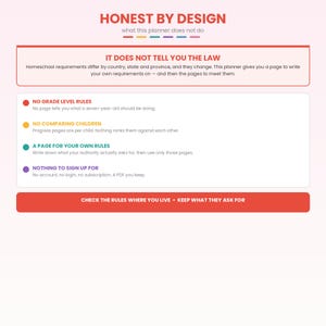May include: A digital planner information sheet titled Honest By Design. It lists features including no grade level rules, no comparing children, a page for your own rules, and nothing to sign up for. The text explains it does not tell you the law.