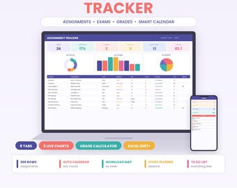 May include: A digital assignment tracker template displayed on a laptop screen and a smartphone. The interface features colorful charts, a grade calculator, and a list of academic tasks. Includes 8 tabs, 5 live charts, and an auto calendar.