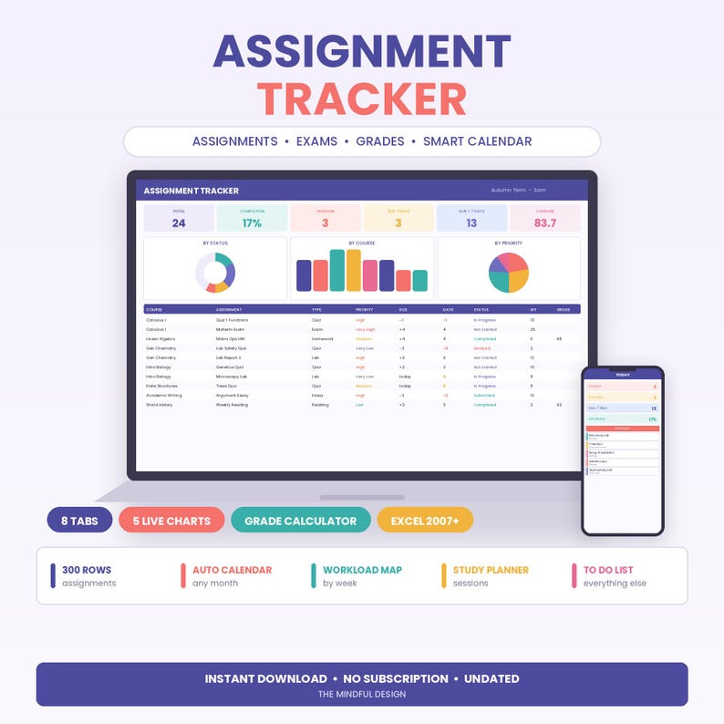 assignment tracker, student planner, homework tracker, college planner, grade calculator, study planner, academic planner, school organizer, google sheets, exam tracker, university, digital planner, study schedule