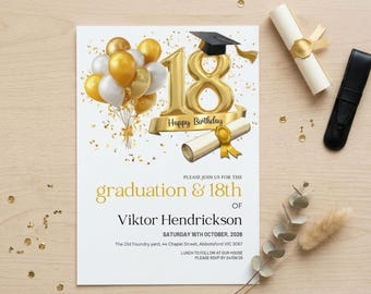 Graduation and 18th Birthday Joint Invitation, Joint Party Invite Digital Download, Gold Balloons Combined High School Graduate Card 5x7