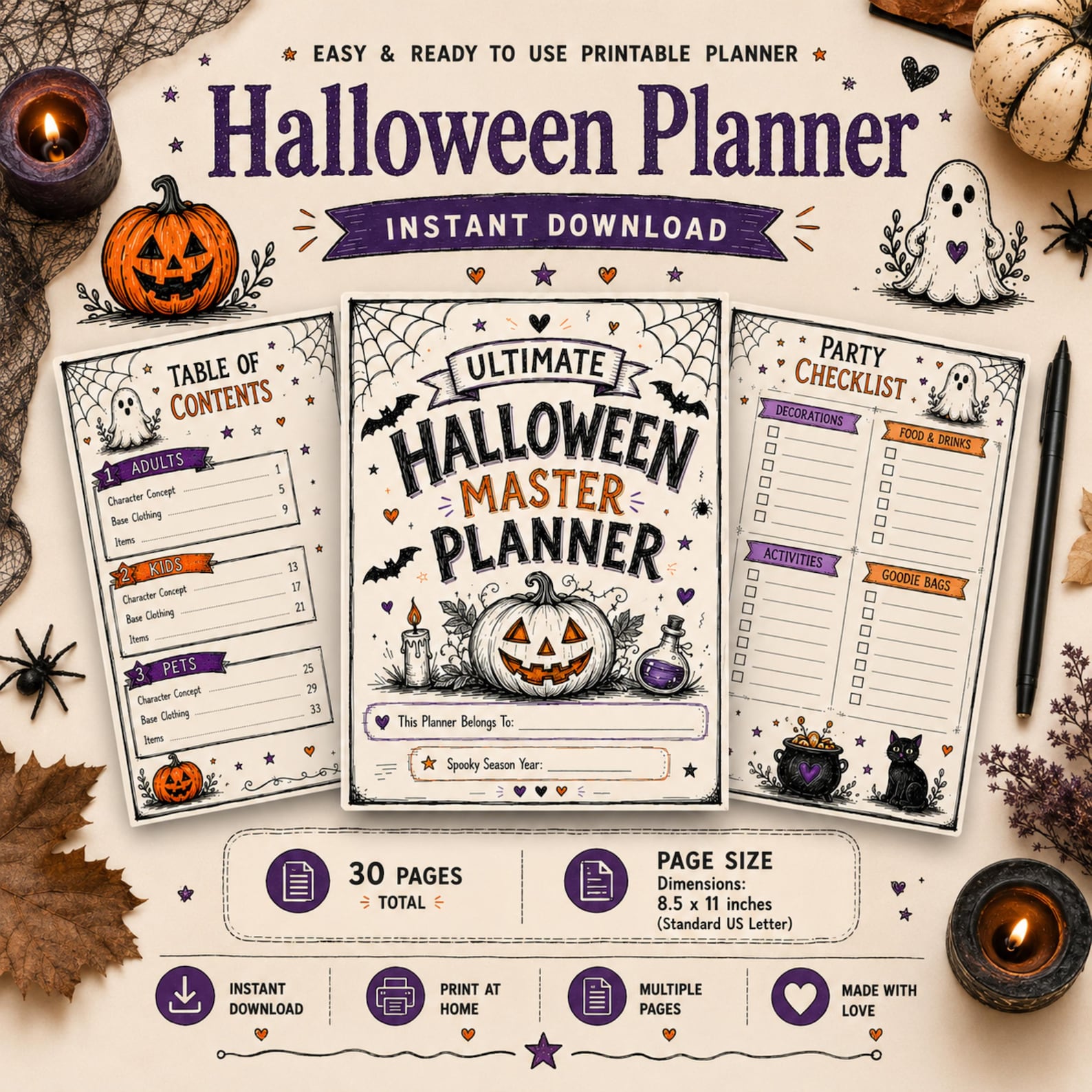 Halloween Planner Printable, Hand Drawn Sketch