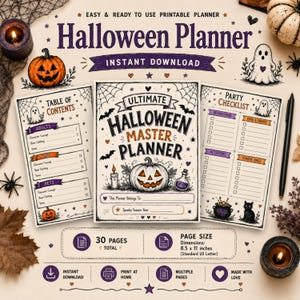 May include: A printable Halloween planner set featuring a cover page titled Ultimate Halloween Master Planner, a Table of Contents, and a Party Checklist. The pages include illustrations of pumpkins, ghosts, bats, and spiders. Dimensions are 8.5 x 11 inches.