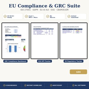 Puede incluir: Una suite digital de cumplimiento y GRC de la UE que presenta tres vistas previas de documentos: un panel de cumplimiento GRC, un rastreador de KPI ESG y un rastreador de preparaci&oacute;n regulatoria de la UE con tablas.