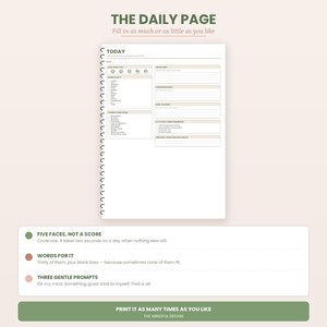 May include: A spiral-bound daily planner page titled THE DAILY PAGE with sections for date, mood tracking, gratitude, and daily tasks. The layout includes prompts like "LOOKED AT THE DETAILS" and "SOMETHING GOOD" with lines for writing and a soft colour palette.