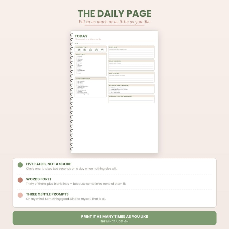 May include: A spiral-bound daily planner page titled THE DAILY PAGE with sections for date, mood tracking, gratitude, and daily tasks. The layout includes prompts like "LOOKED AT THE DETAILS" and "SOMETHING GOOD" with lines for writing and a soft colour palette.