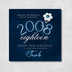 Personalised 18th birthday card for daughter, editable 2008 birth date card, digital download eighteenth birthday, printable neon blue milestone card her, navy blue textured card template, custom name card for teenage daughter, elegant birth year card print at home, square card template for 18th birthday, glowing script happy birthday card template, 2008 milestone birthday card for her, budget friendly last minute daughter card, crochet flower artwork printable card teen,