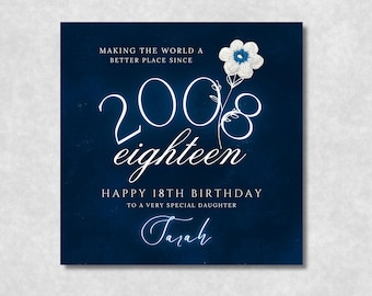 Personalised 18th Birthday Card for Daughter, Editable 2008 Birth Date Card Digital Download, Neon Blue Milestone Card Template Printable