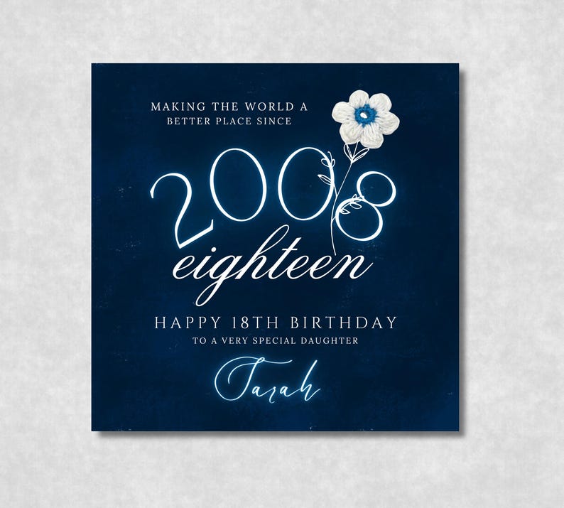 Personalised 18th birthday card for daughter, editable 2008 birth date card, digital download eighteenth birthday, printable neon blue milestone card her, navy blue textured card template, custom name card for teenage daughter, elegant birth year card print at home, square card template for 18th birthday, glowing script happy birthday card template, 2008 milestone birthday card for her, budget friendly last minute daughter card, crochet flower artwork printable card teen,