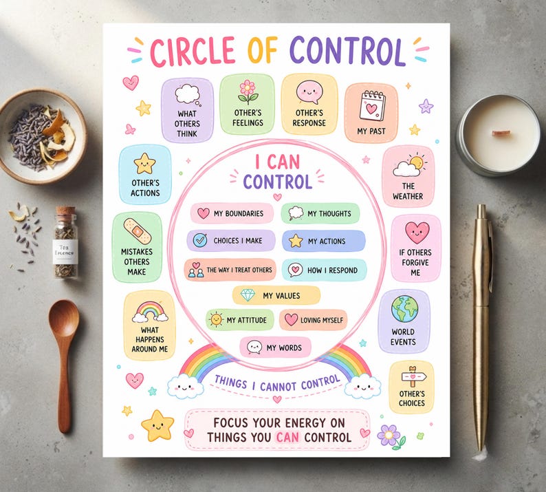 printable circle of control activity sheet 6.4x8

mindfulness tool for anxiety and emotional regulation

social emotional learning resources for kids

therapy office decor circle of control poster

mental health coping skills visual printable

counselor worksheet for stress management

editable circle of control teaching aid

calming visual reminder for self care

educational tools for emotional intelligence

daily mindfulness practice worksheet

printable desk visual for emotional balance