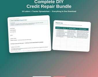 May include: A digital document set titled Complete DIY Credit Repair Bundle by Themindfuldesign. It includes 16 letters and a tracker spreadsheet. The image displays an Initial Credit Report Dispute Letter and a Dispute Log with columns for data.