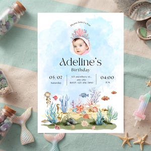 nder the sea birthday invite with photo, watercolor ocean themed birthday invite, editable canva photo invitation template, girl under the sea party card, mermaid birthday invitation with picture, printable 5x7 ocean theme invite, kids splash party mobile text evite, watercolor sea creatures card template, first birthday under the sea photo, jellyfish and coral birthday invite, custom picture birthday invitation girl, instant download ocean template link, childrens pool party photo invitation
