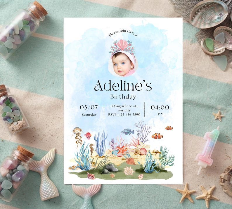 nder the sea birthday invite with photo, watercolor ocean themed birthday invite, editable canva photo invitation template, girl under the sea party card, mermaid birthday invitation with picture, printable 5x7 ocean theme invite, kids splash party mobile text evite, watercolor sea creatures card template, first birthday under the sea photo, jellyfish and coral birthday invite, custom picture birthday invitation girl, instant download ocean template link, childrens pool party photo invitation