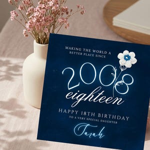 Personalised 18th birthday card for daughter, editable 2008 birth date card, digital download eighteenth birthday, printable neon blue milestone card her, navy blue textured card template, custom name card for teenage daughter, elegant birth year card print at home, square card template for 18th birthday, glowing script happy birthday card template, 2008 milestone birthday card for her, budget friendly last minute daughter card, crochet flower artwork printable card teen,