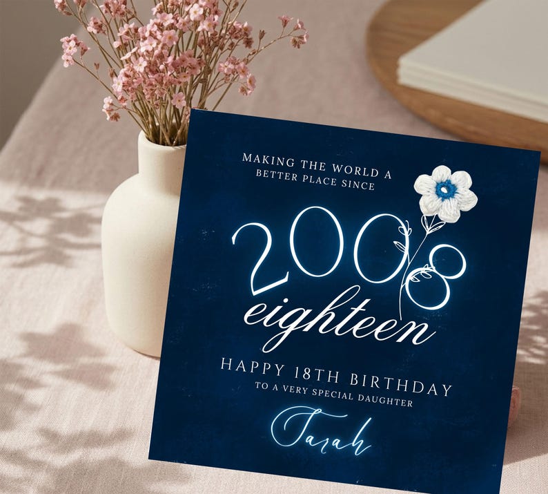 Personalised 18th birthday card for daughter, editable 2008 birth date card, digital download eighteenth birthday, printable neon blue milestone card her, navy blue textured card template, custom name card for teenage daughter, elegant birth year card print at home, square card template for 18th birthday, glowing script happy birthday card template, 2008 milestone birthday card for her, budget friendly last minute daughter card, crochet flower artwork printable card teen,